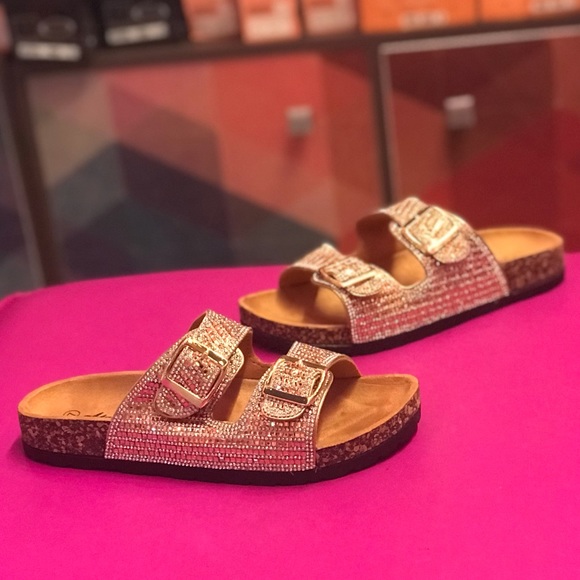 Italina Rhinestone Jewel Double Buckle Strap Cork Slide Contoured Sandal - Picture 4 of 15